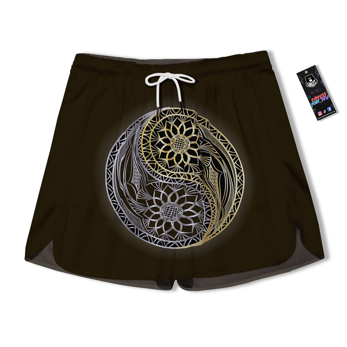 Yin Yang Flower Grey And Gold Print Men's Running Shorts-grizzshop