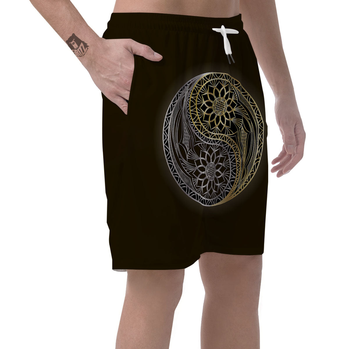 Yin Yang Flower Grey And Gold Print Men's Shorts-grizzshop