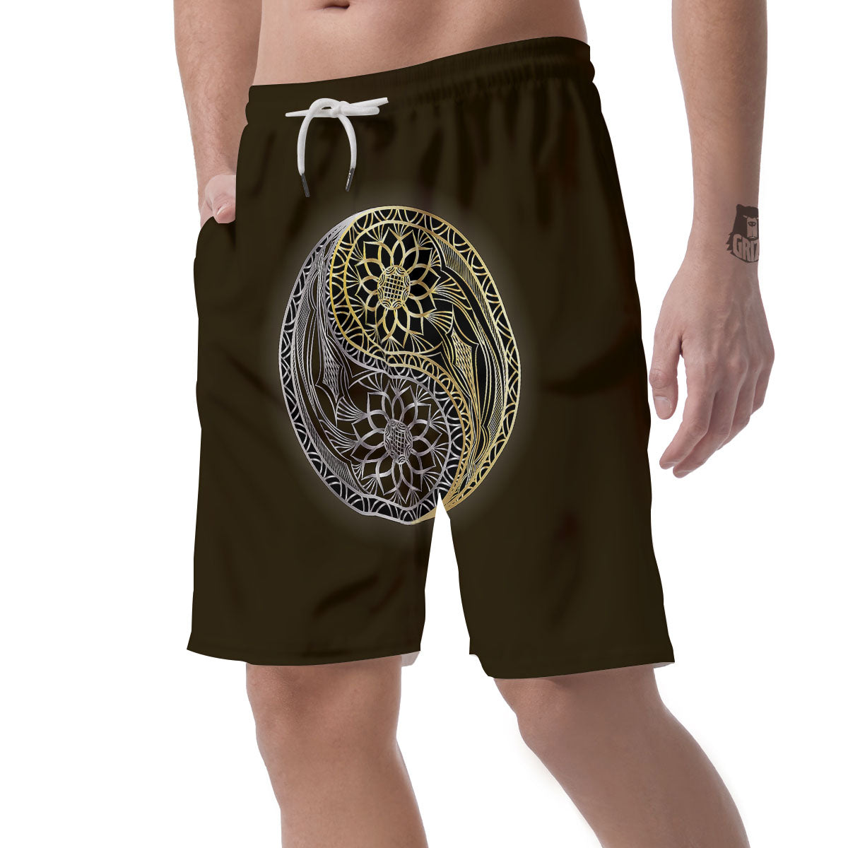 Yin Yang Flower Grey And Gold Print Men's Shorts-grizzshop