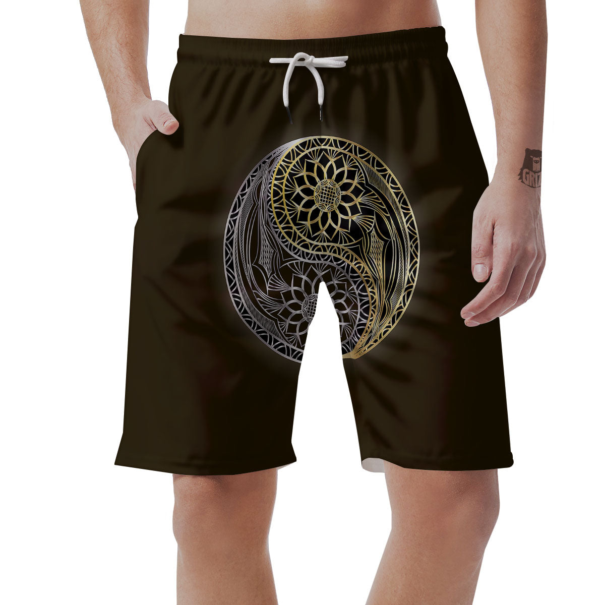 Yin Yang Flower Grey And Gold Print Men's Shorts-grizzshop