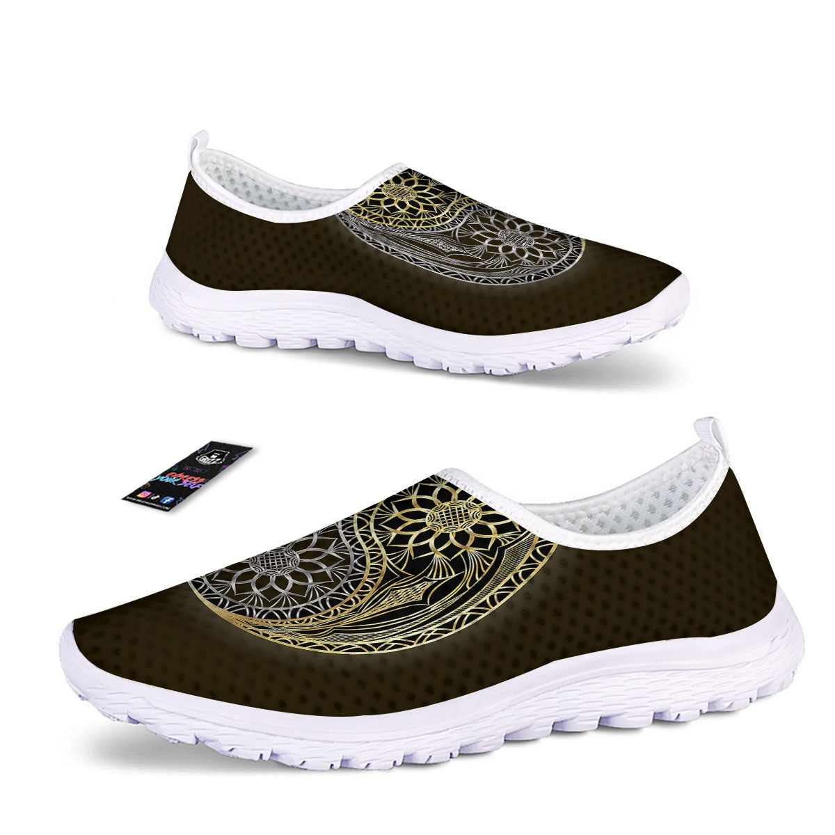 Yin Yang Flower Grey And Gold Print Nurse Shoes-grizzshop