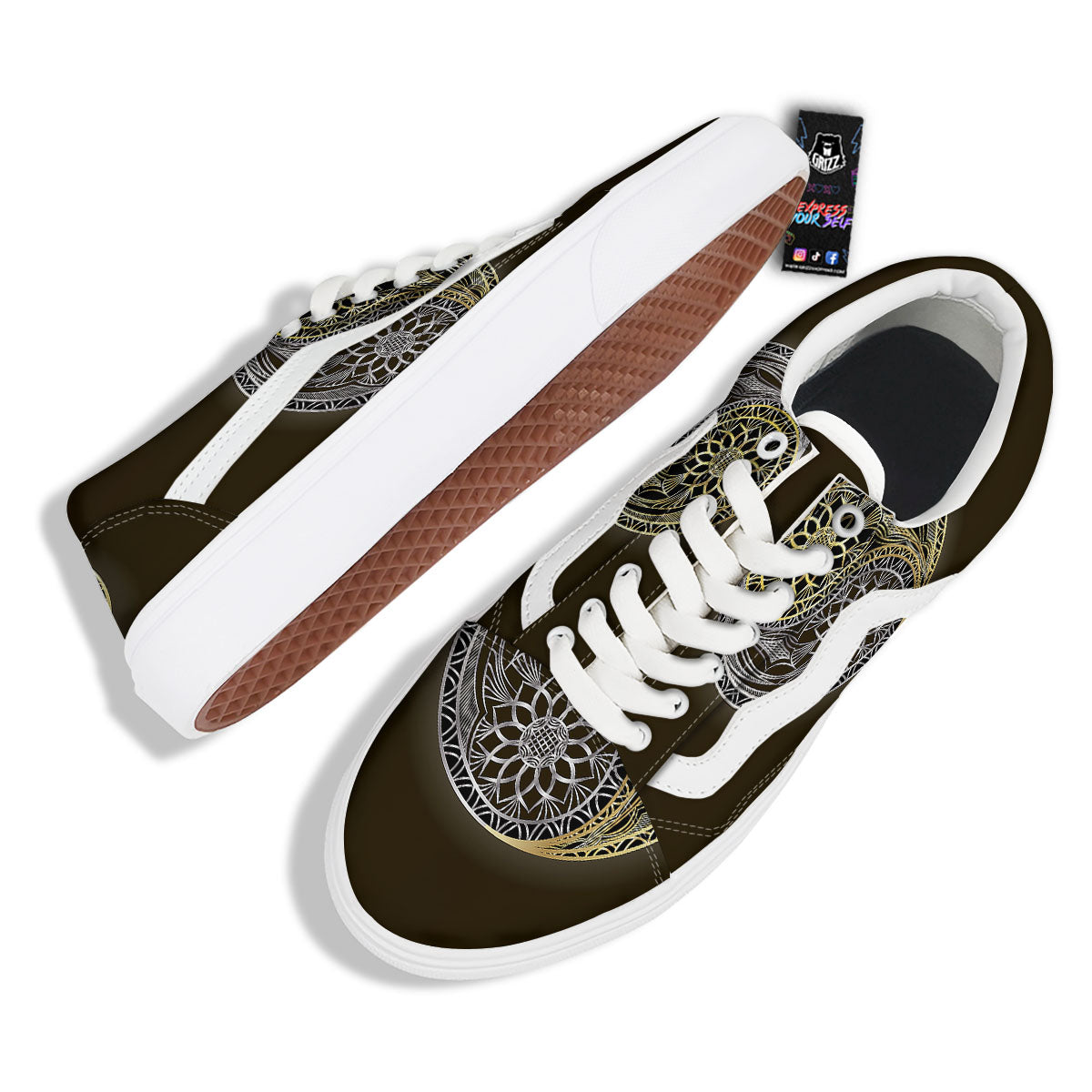 Yin Yang Flower Grey And Gold Print Skate Shoes-grizzshop