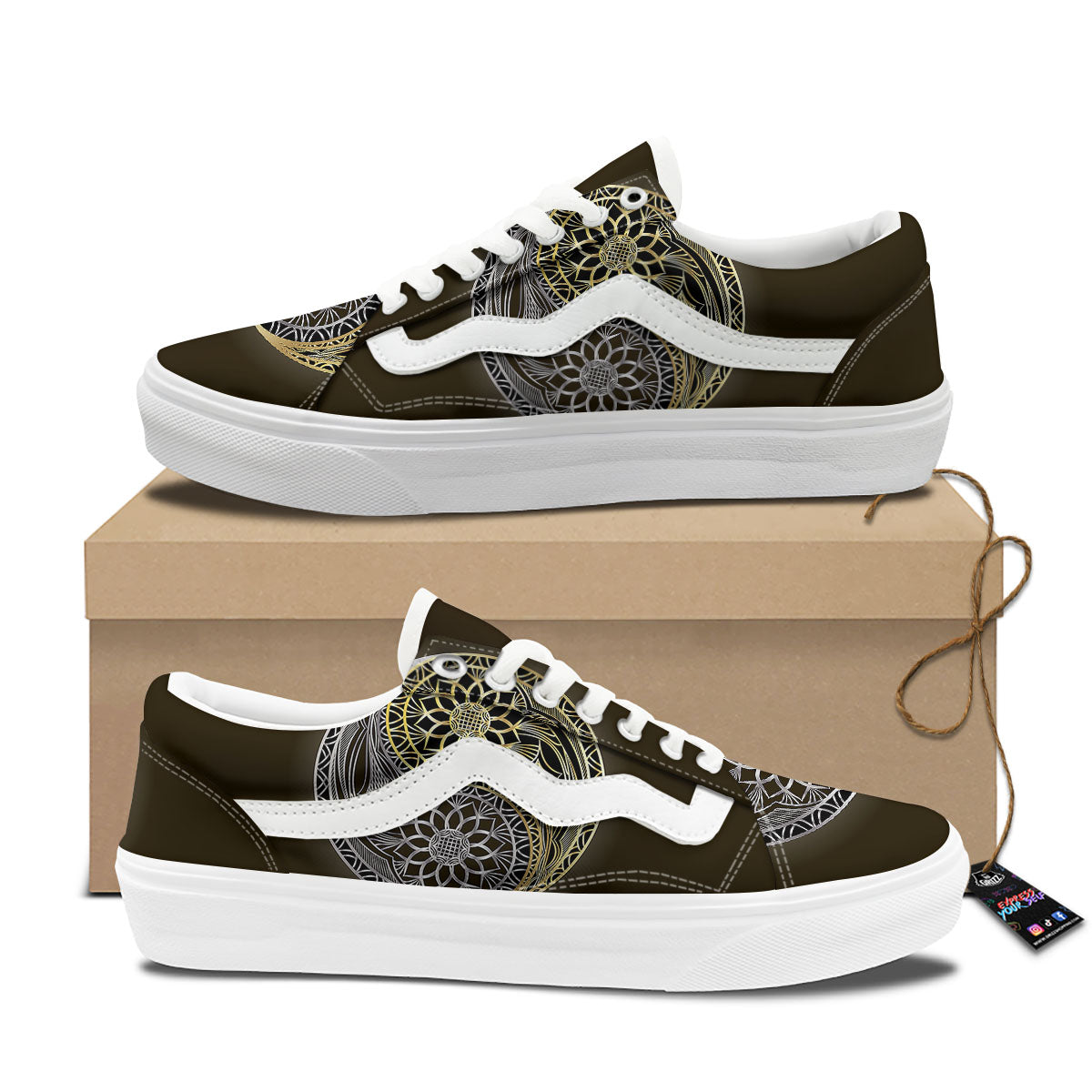 Yin Yang Flower Grey And Gold Print Skate Shoes-grizzshop