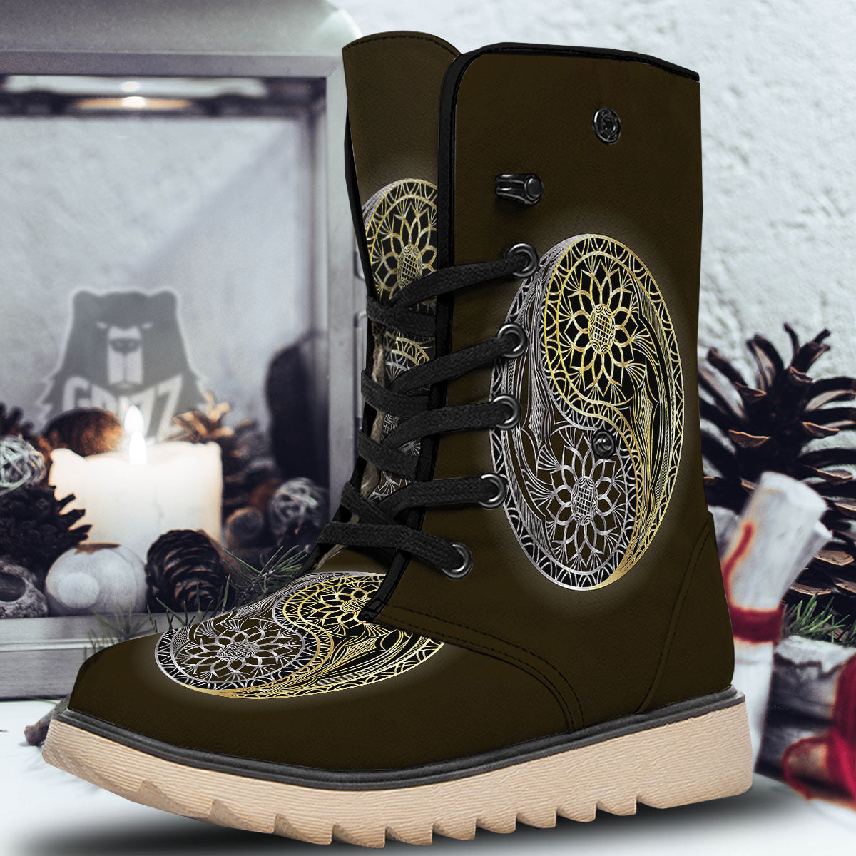 Yin Yang Flower Grey And Gold Print Snow Boots-grizzshop
