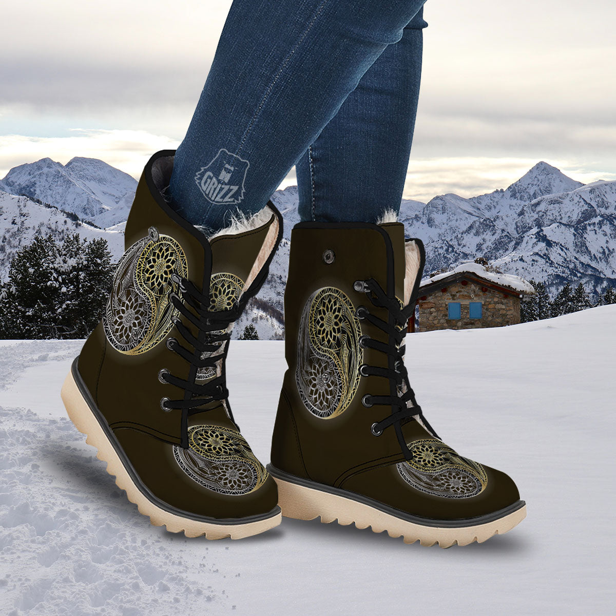 Yin Yang Flower Grey And Gold Print Snow Boots-grizzshop