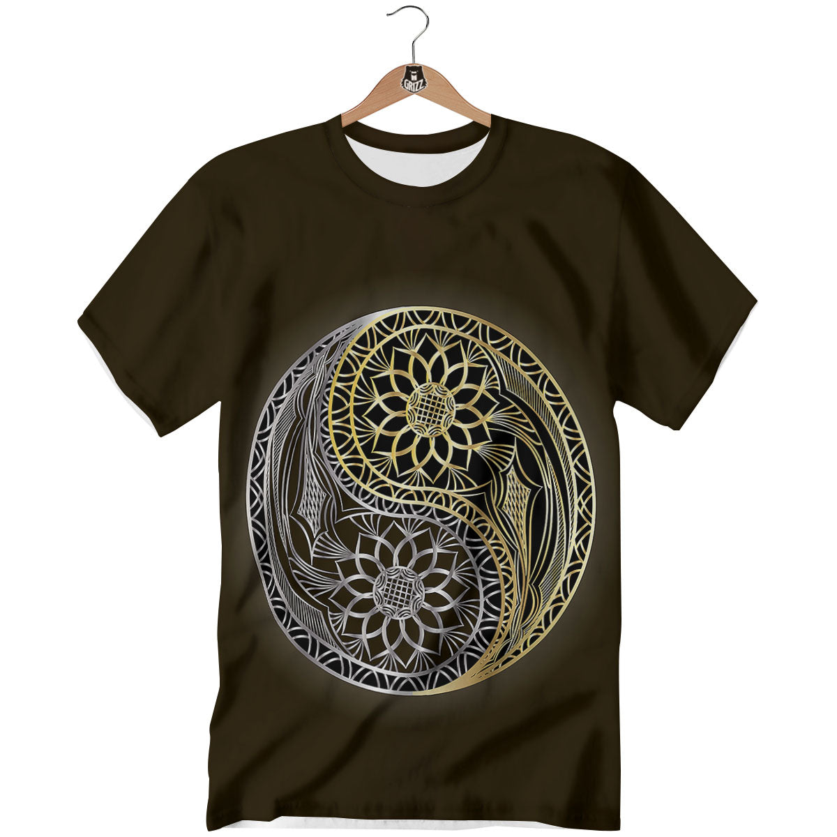 Yin Yang Flower Grey And Gold Print T-Shirt-grizzshop
