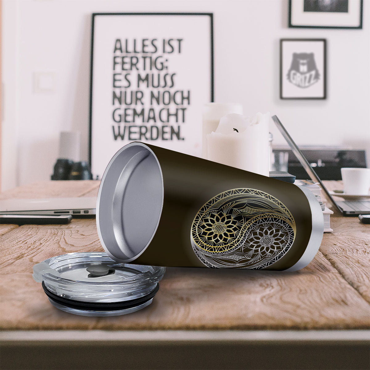 Yin Yang Flower Grey And Gold Print Tumbler-grizzshop