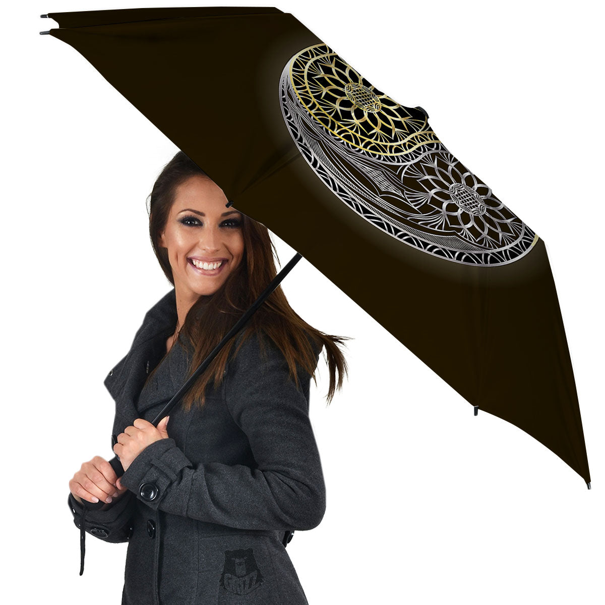 Yin Yang Flower Grey And Gold Print Umbrella-grizzshop