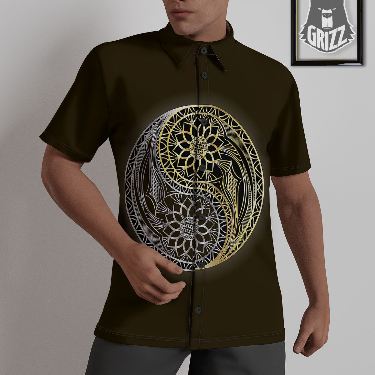 Yin Yang Flower Grey And Gold Print Untucked Shirts-grizzshop