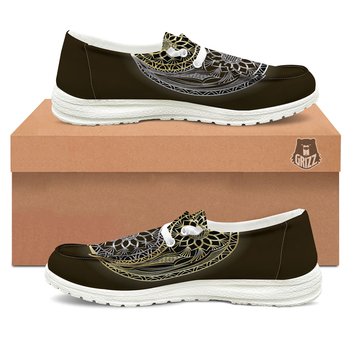 Yin Yang Flower Grey And Gold Print White Loafers-grizzshop