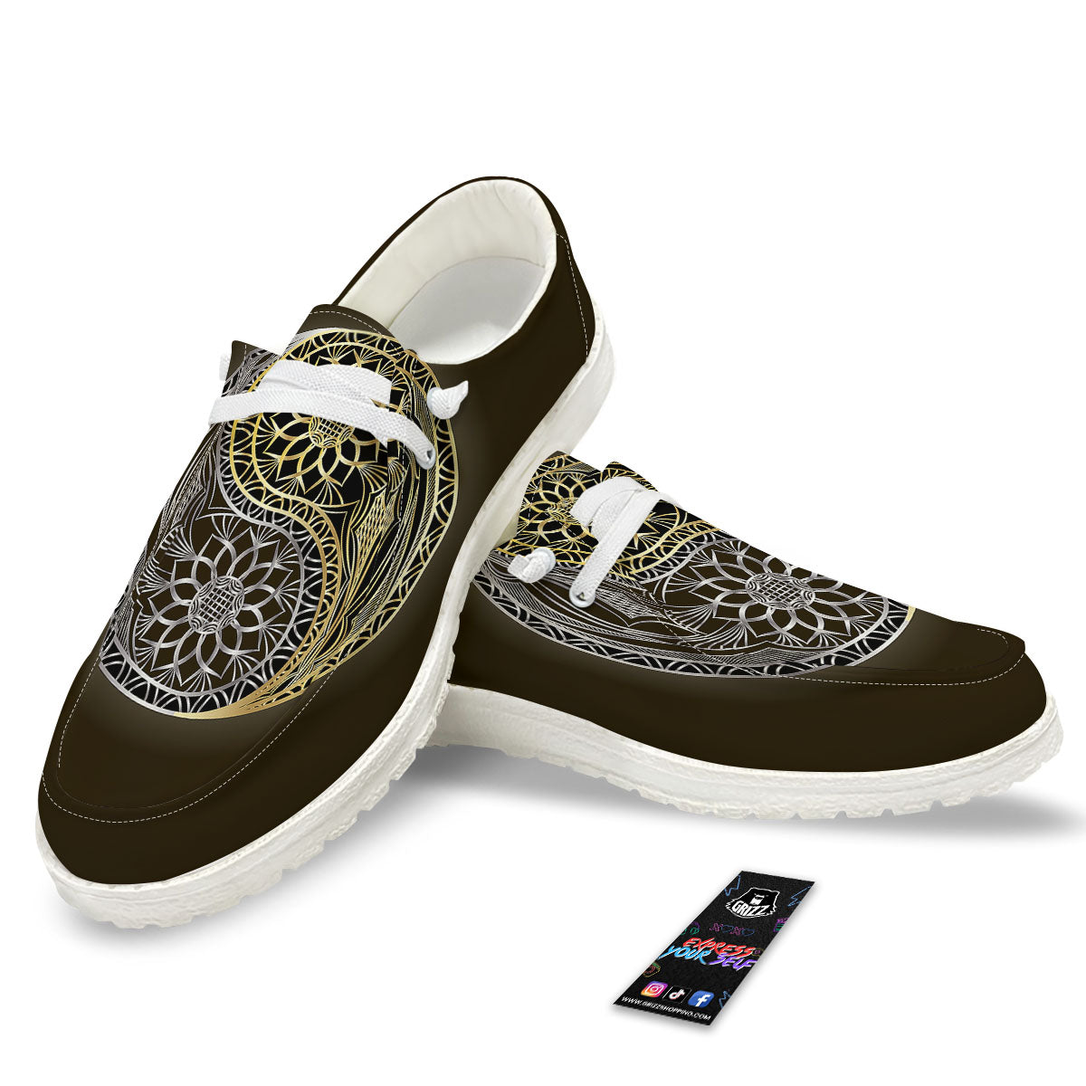 Yin Yang Flower Grey And Gold Print White Loafers-grizzshop