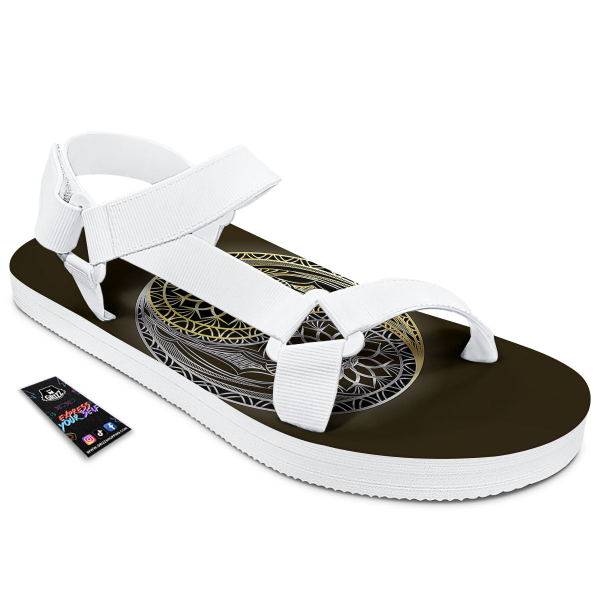 Yin Yang Flower Grey And Gold Print White Open Toe Sandals-grizzshop