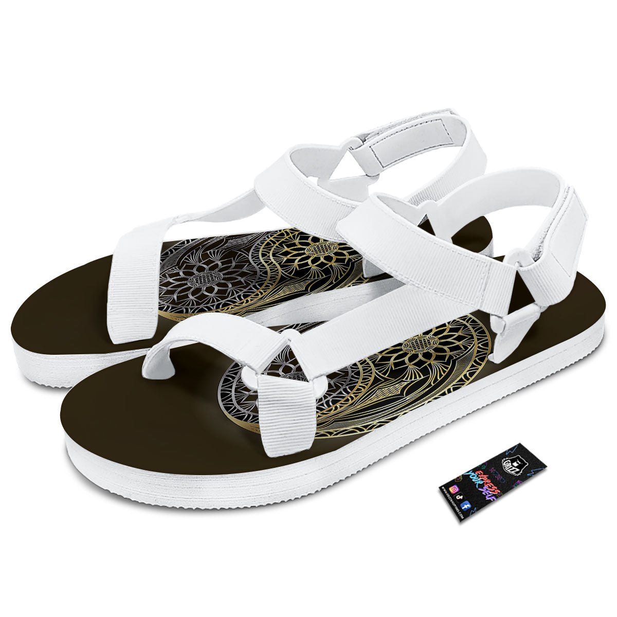 Yin Yang Flower Grey And Gold Print White Open Toe Sandals-grizzshop