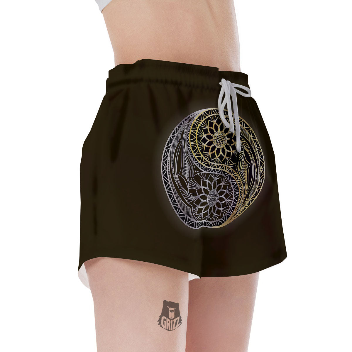 Yin Yang Flower Grey And Gold Print Women's Shorts-grizzshop