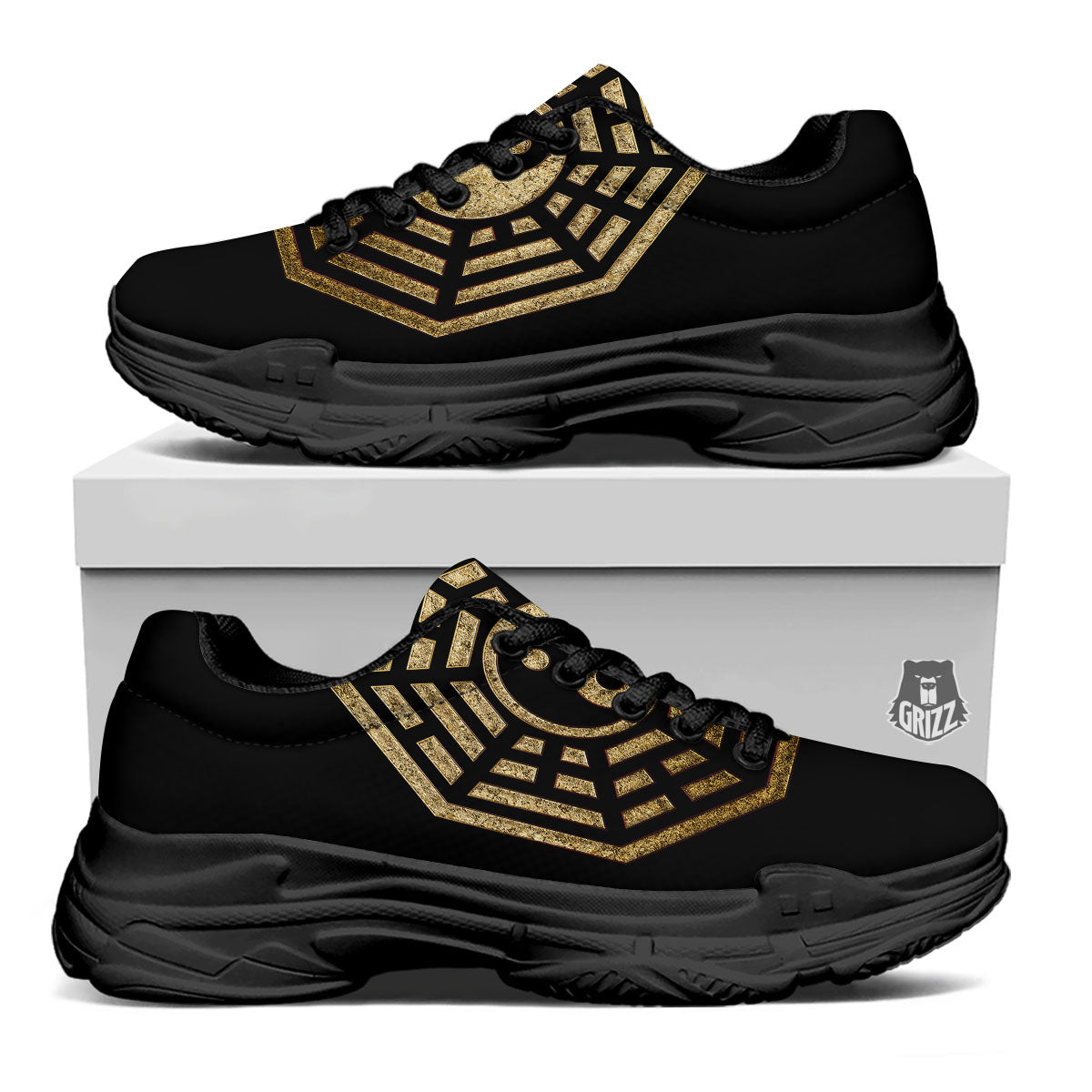 Yin Yang Gold Bagua Print Black Chunky Shoes-grizzshop