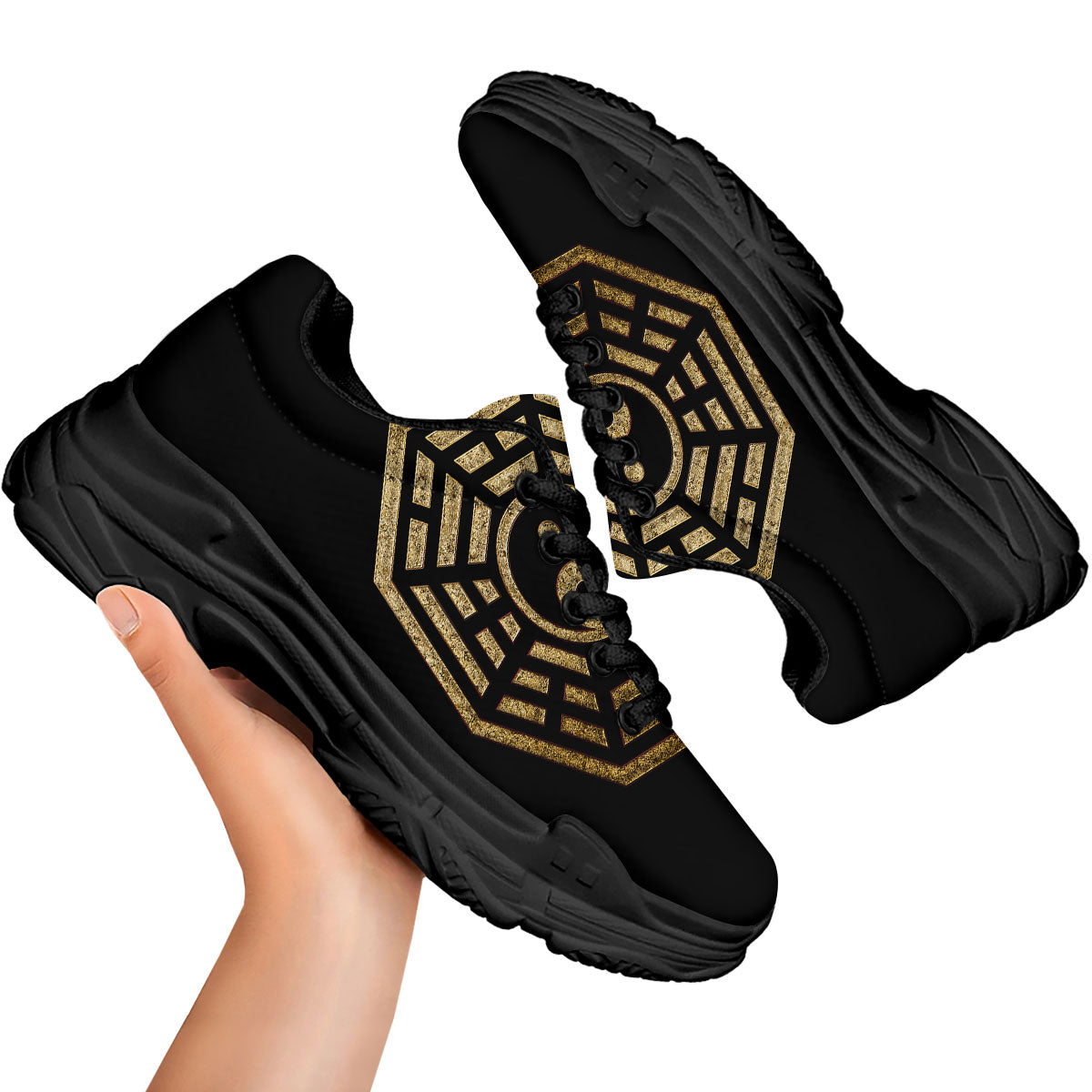 Yin Yang Gold Bagua Print Black Chunky Shoes-grizzshop