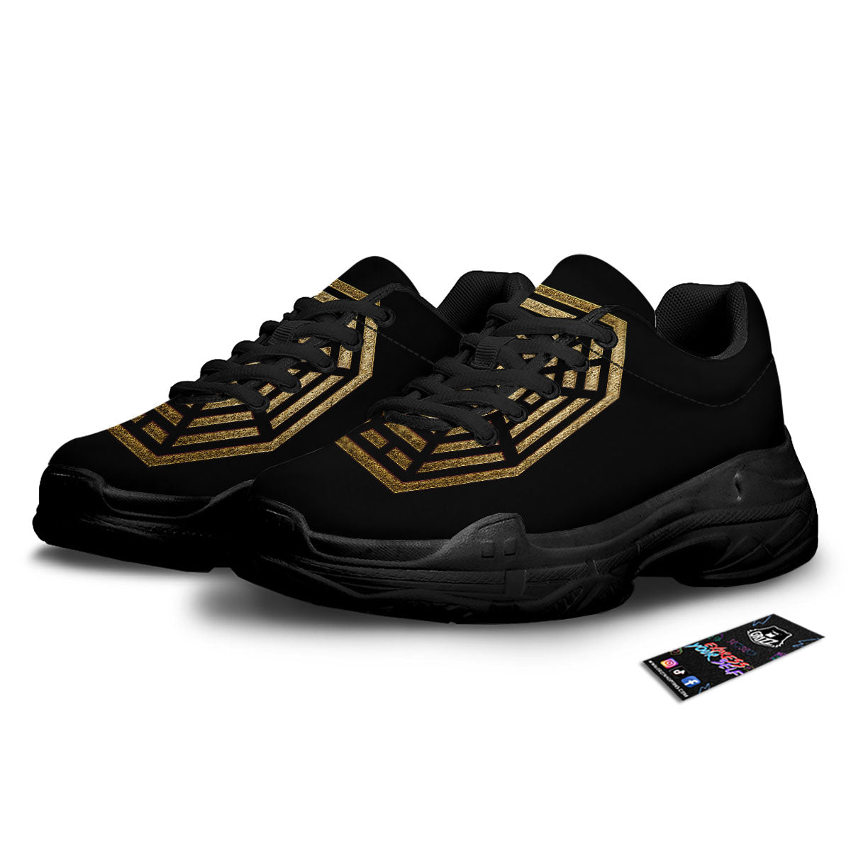 Yin Yang Gold Bagua Print Black Chunky Shoes-grizzshop