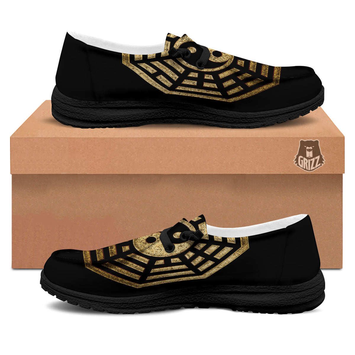 Yin Yang Gold Bagua Print Black Loafers-grizzshop