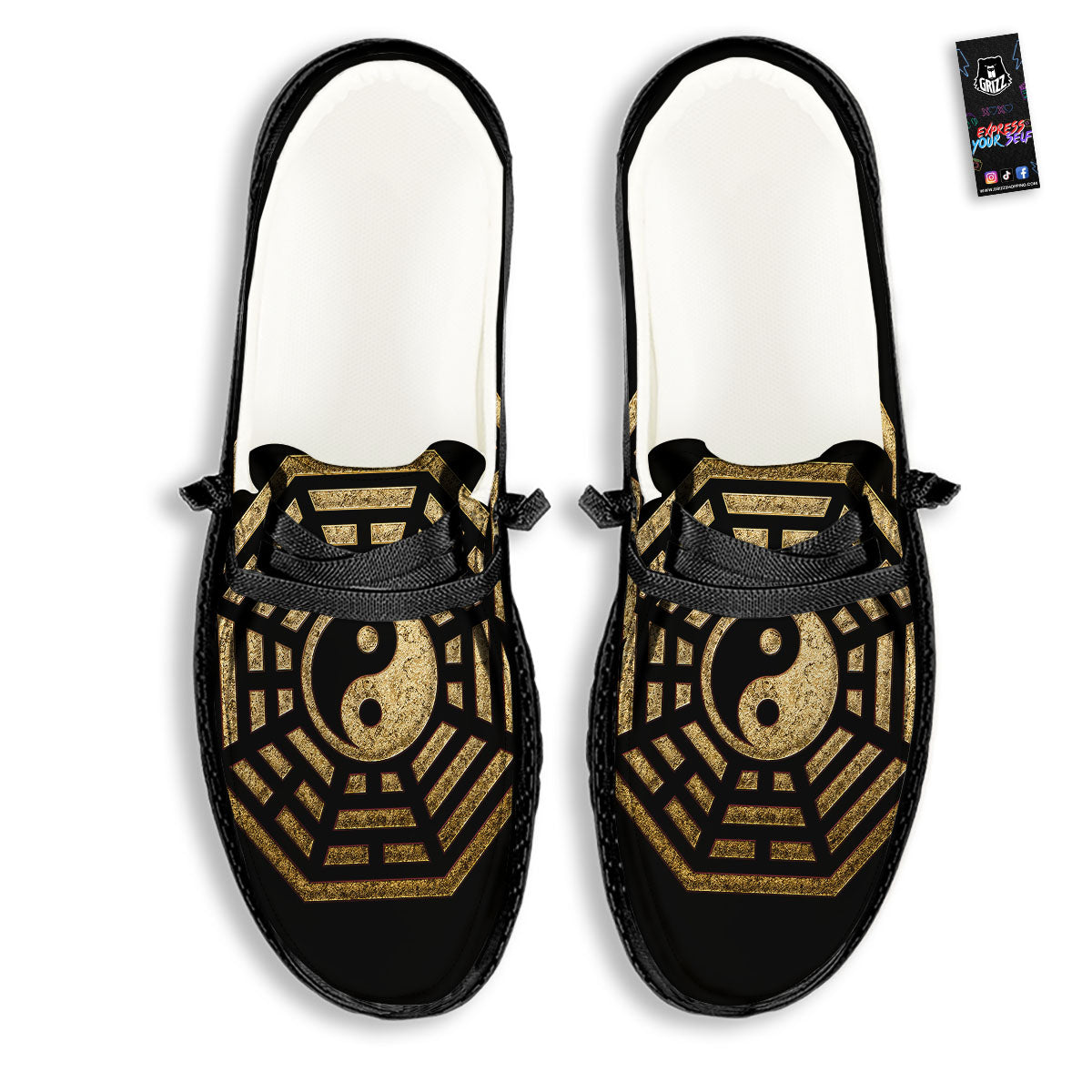 Yin Yang Gold Bagua Print Black Loafers-grizzshop