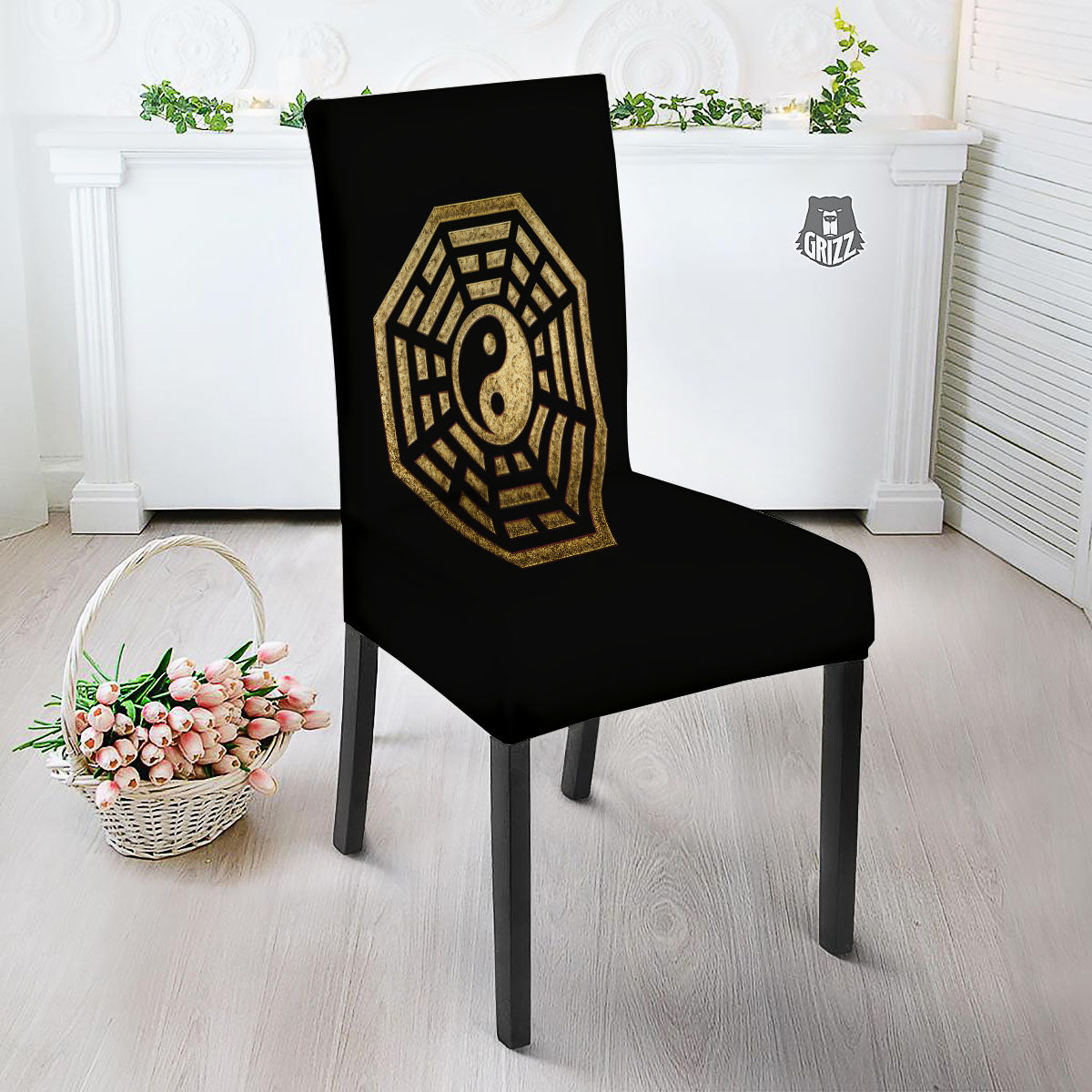 Yin Yang Gold Bagua Print Dining Chair Slipcover-grizzshop
