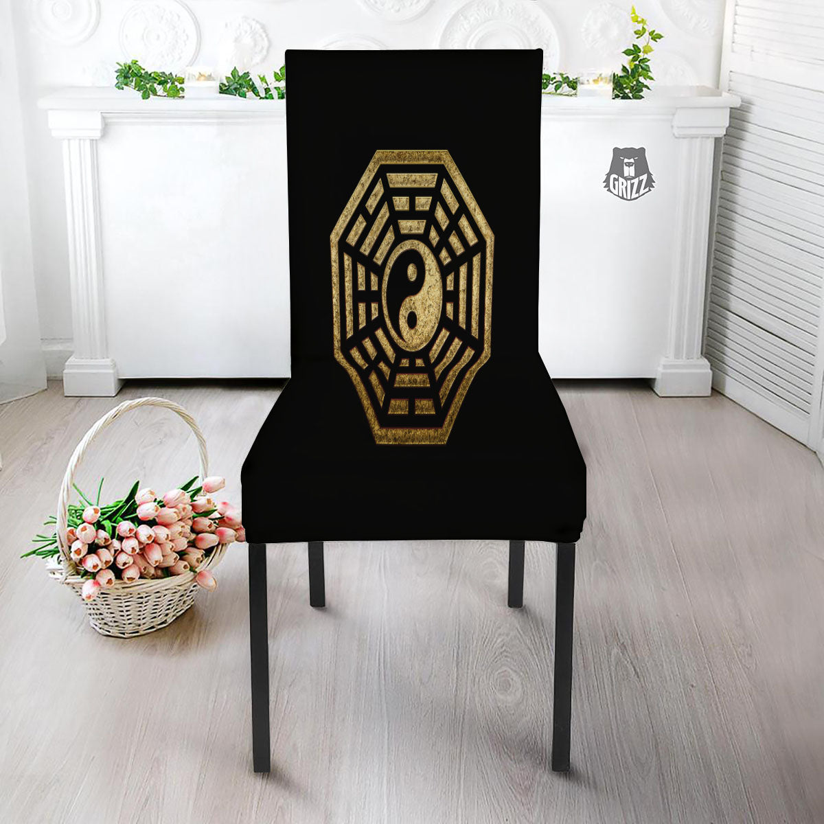 Yin Yang Gold Bagua Print Dining Chair Slipcover-grizzshop