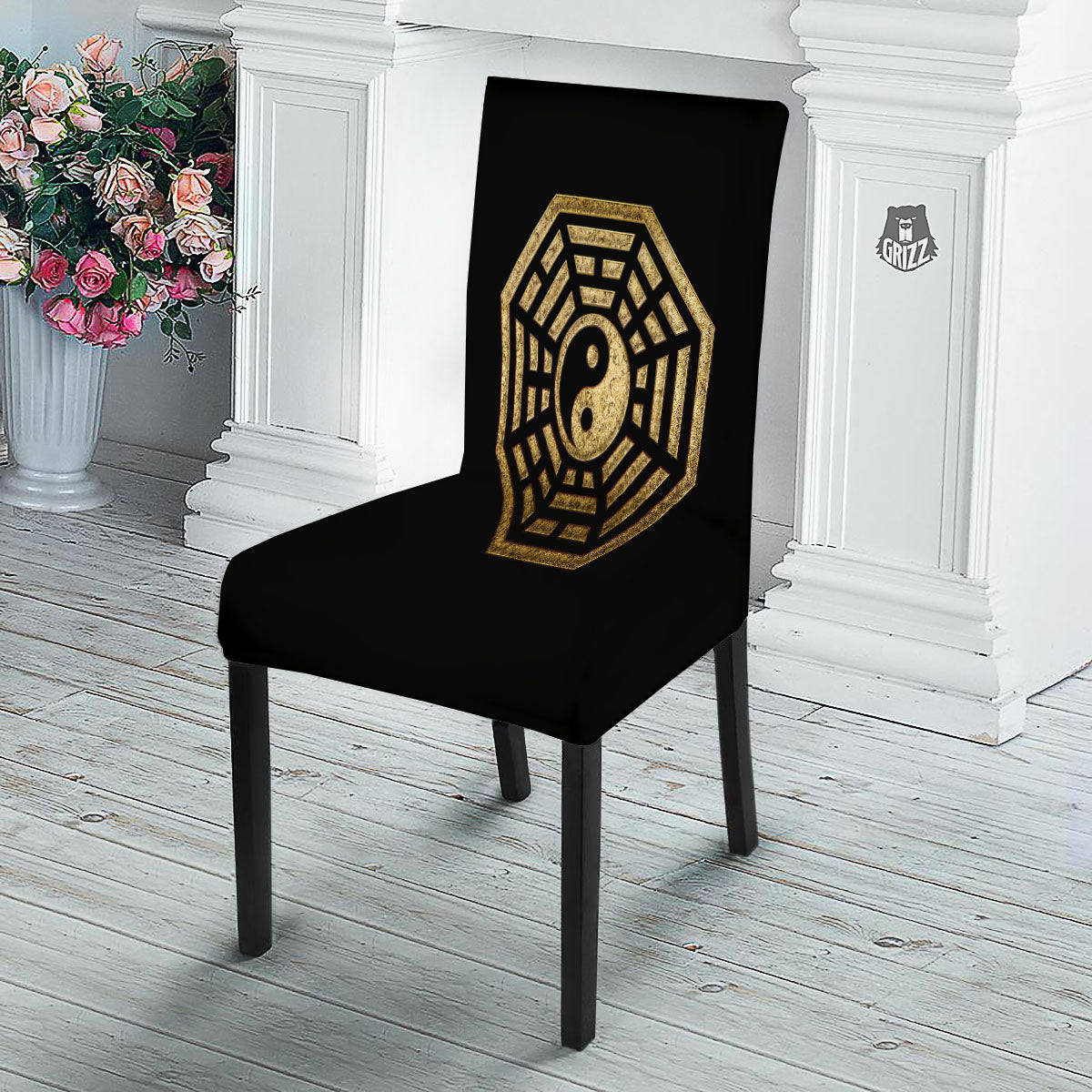 Yin Yang Gold Bagua Print Dining Chair Slipcover-grizzshop