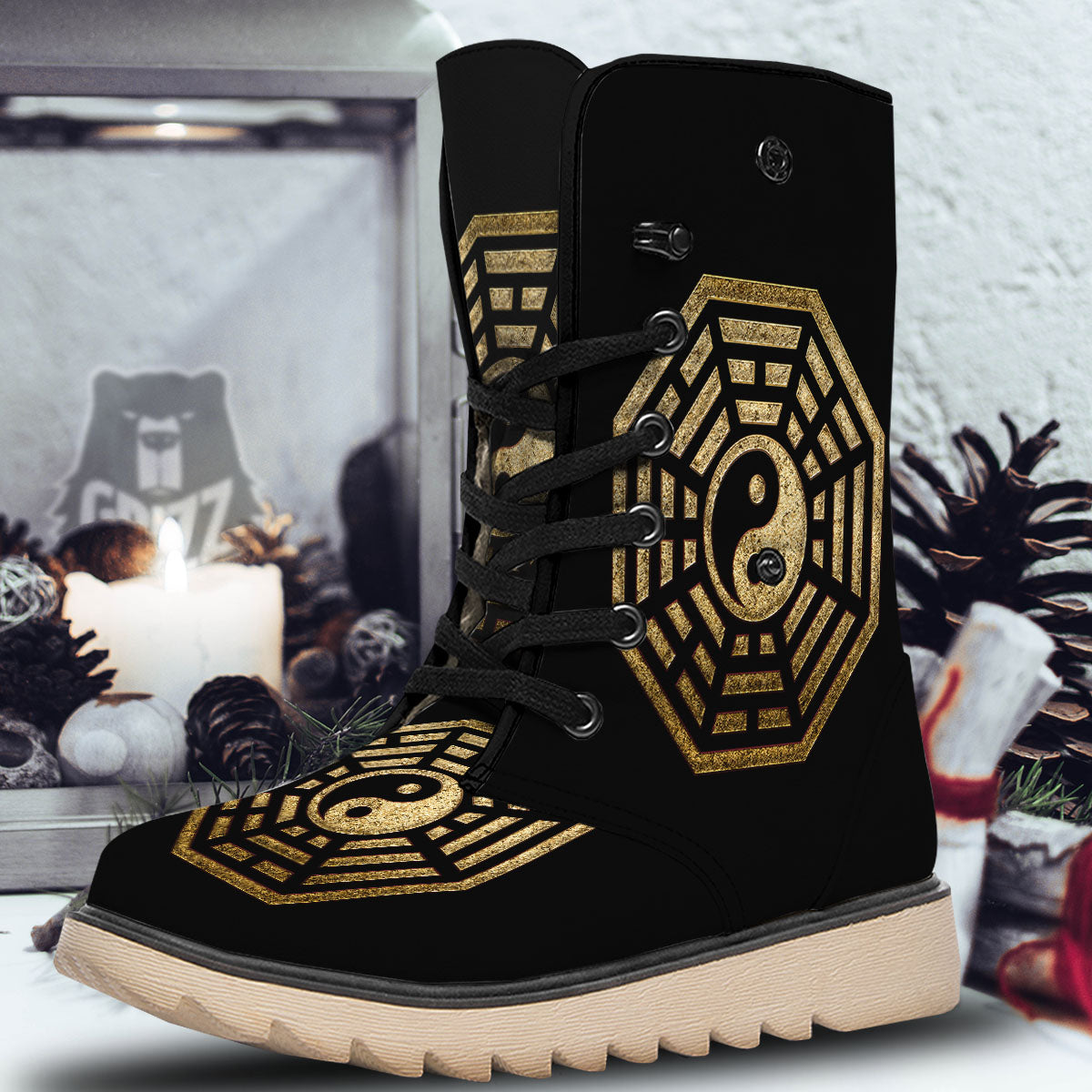 Yin Yang Gold Bagua Print Snow Boots-grizzshop