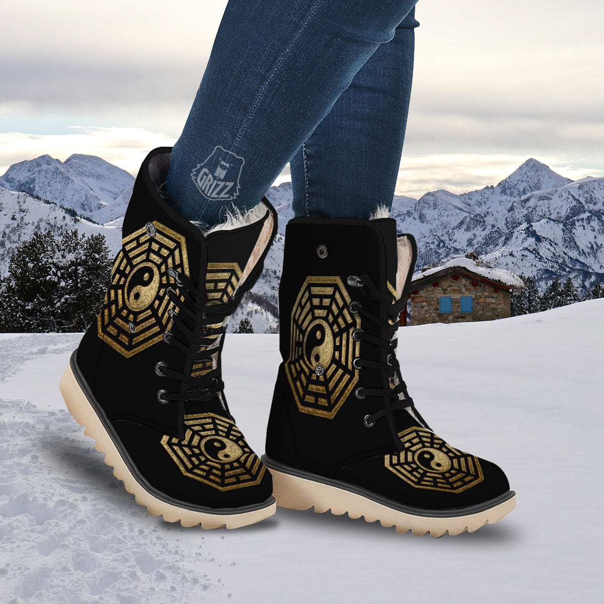 Yin Yang Gold Bagua Print Snow Boots-grizzshop