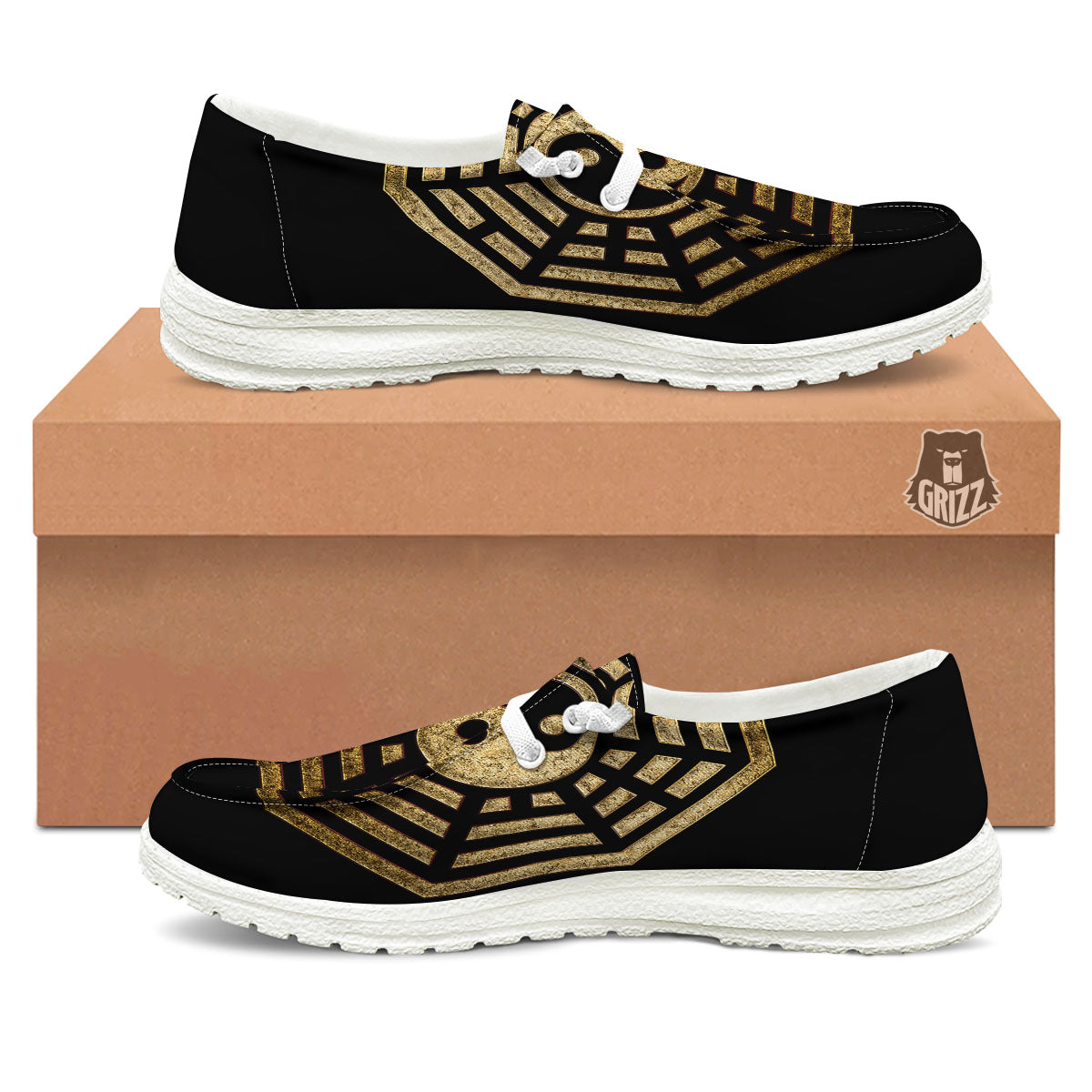 Yin Yang Gold Bagua Print White Loafers-grizzshop