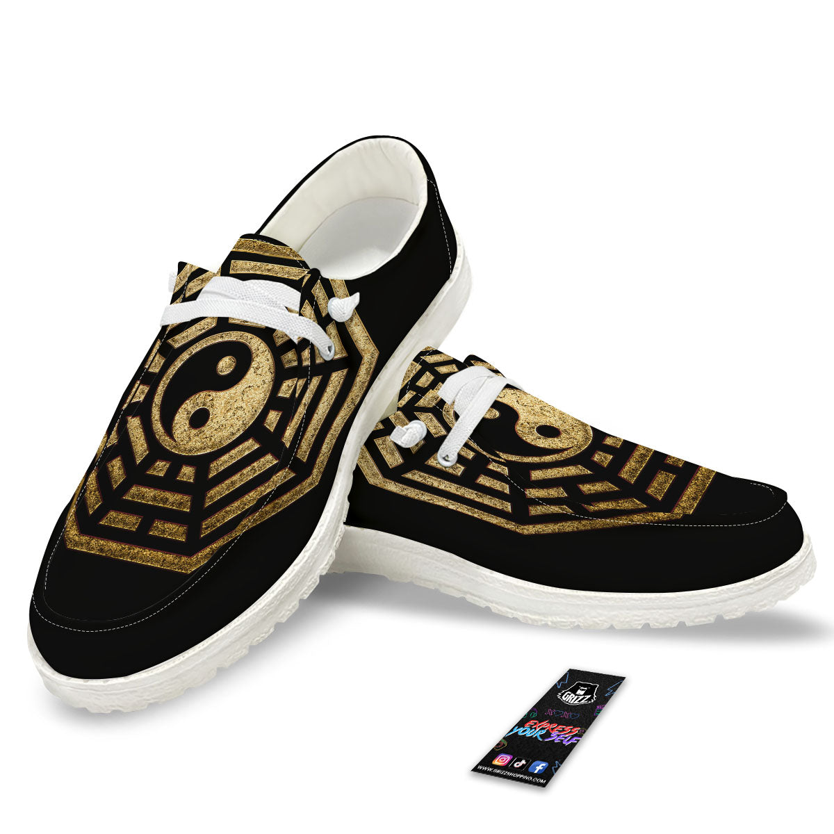 Yin Yang Gold Bagua Print White Loafers-grizzshop