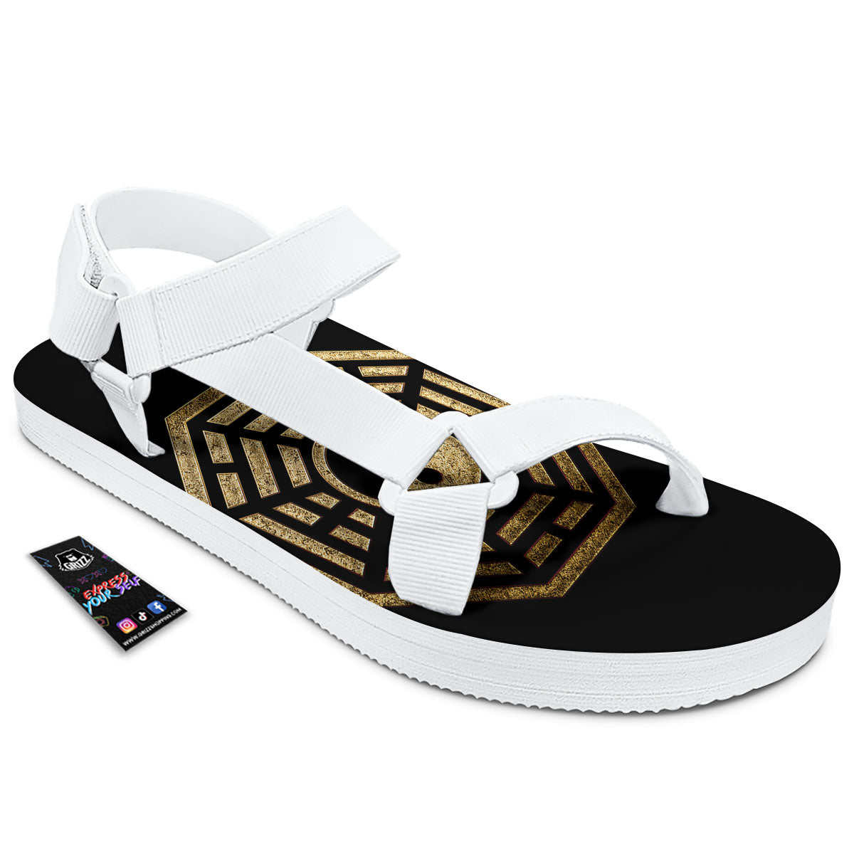 Yin Yang Gold Bagua Print White Open Toe Sandals-grizzshop