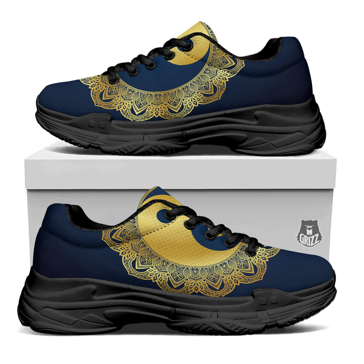 Yin Yang Gold Mandala Print Black Chunky Shoes-grizzshop