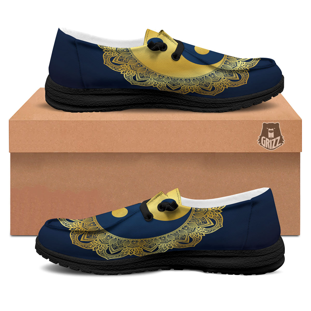 Yin Yang Gold Mandala Print Black Loafers-grizzshop