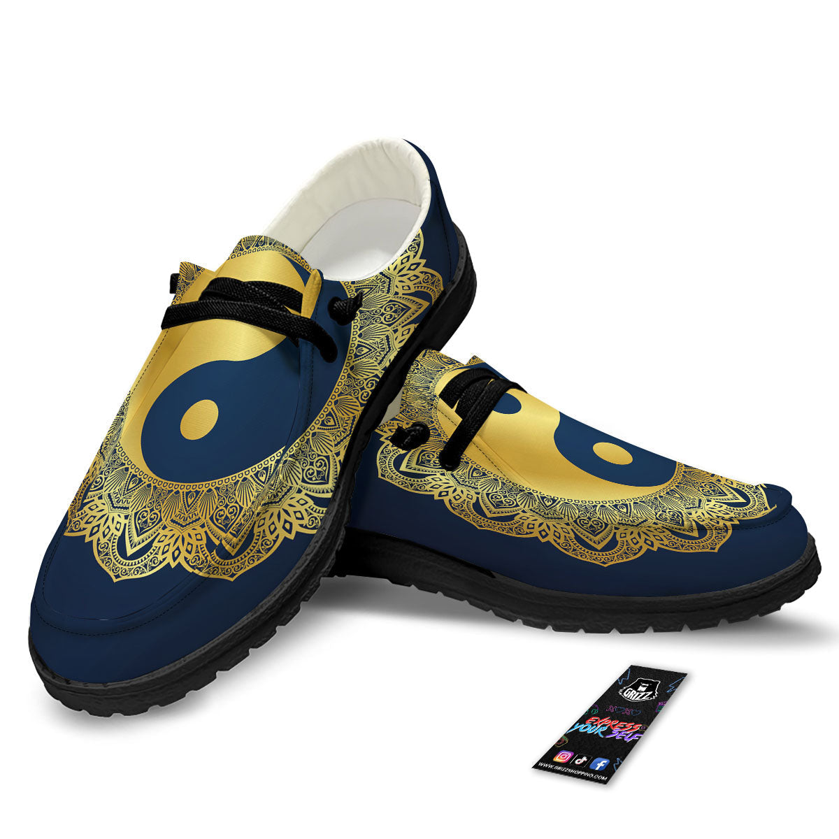 Yin Yang Gold Mandala Print Black Loafers-grizzshop