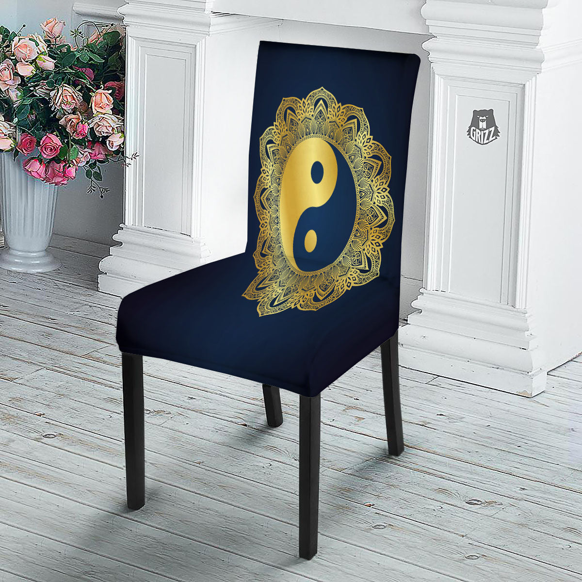 Yin Yang Gold Mandala Print Dining Chair Slipcover-grizzshop
