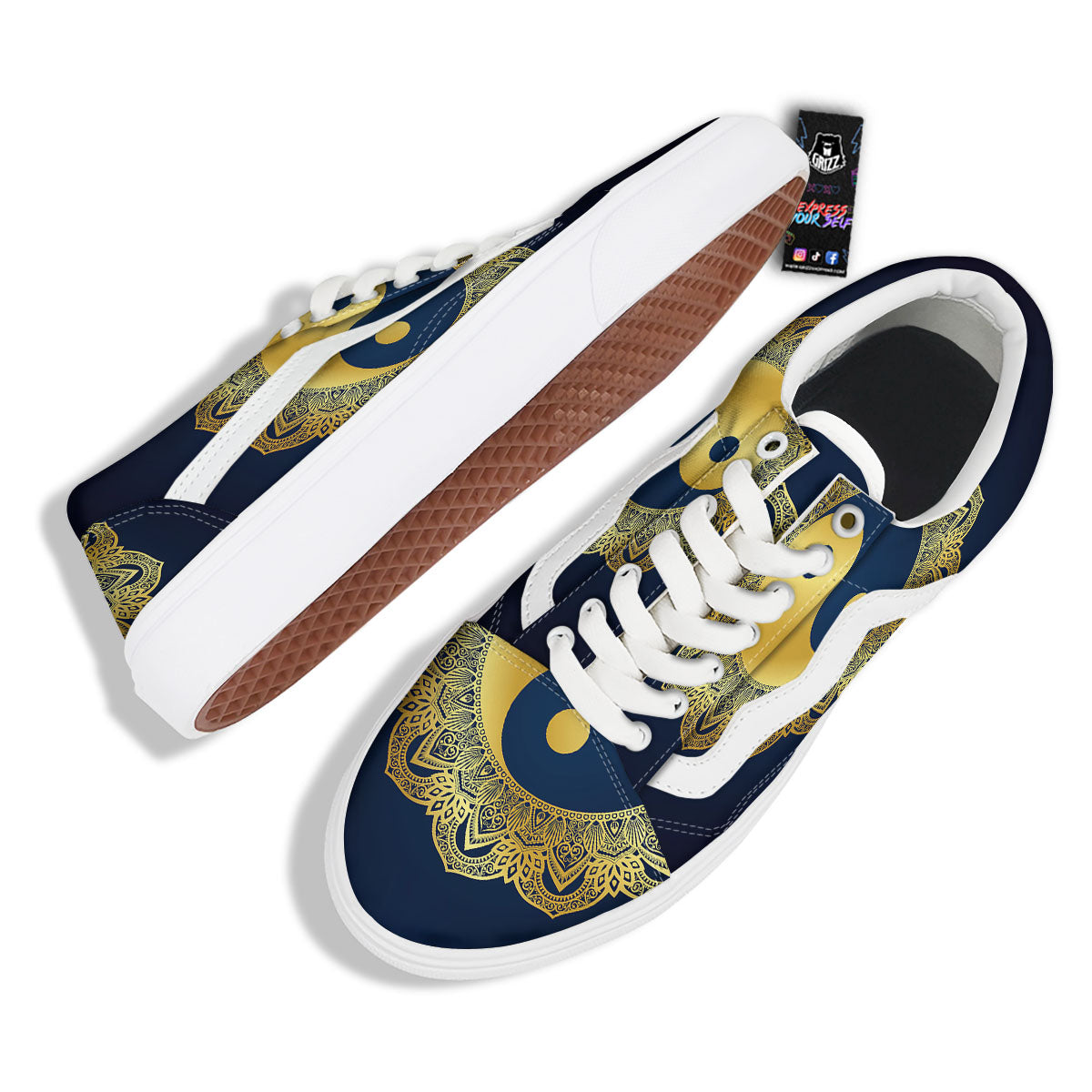 Yin Yang Gold Mandala Print Skate Shoes-grizzshop