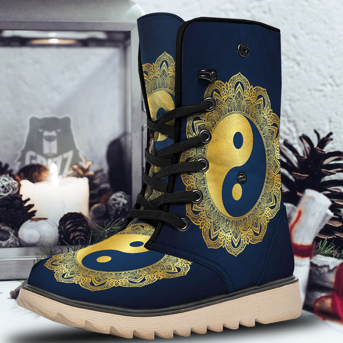 Yin Yang Gold Mandala Print Snow Boots-grizzshop
