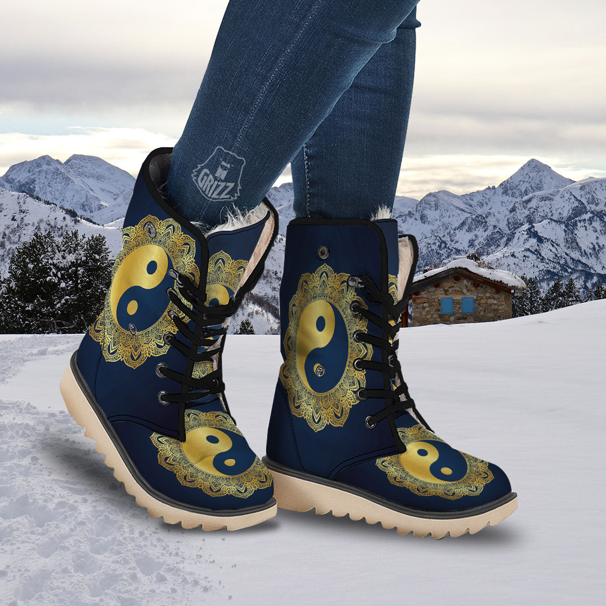 Yin Yang Gold Mandala Print Snow Boots-grizzshop