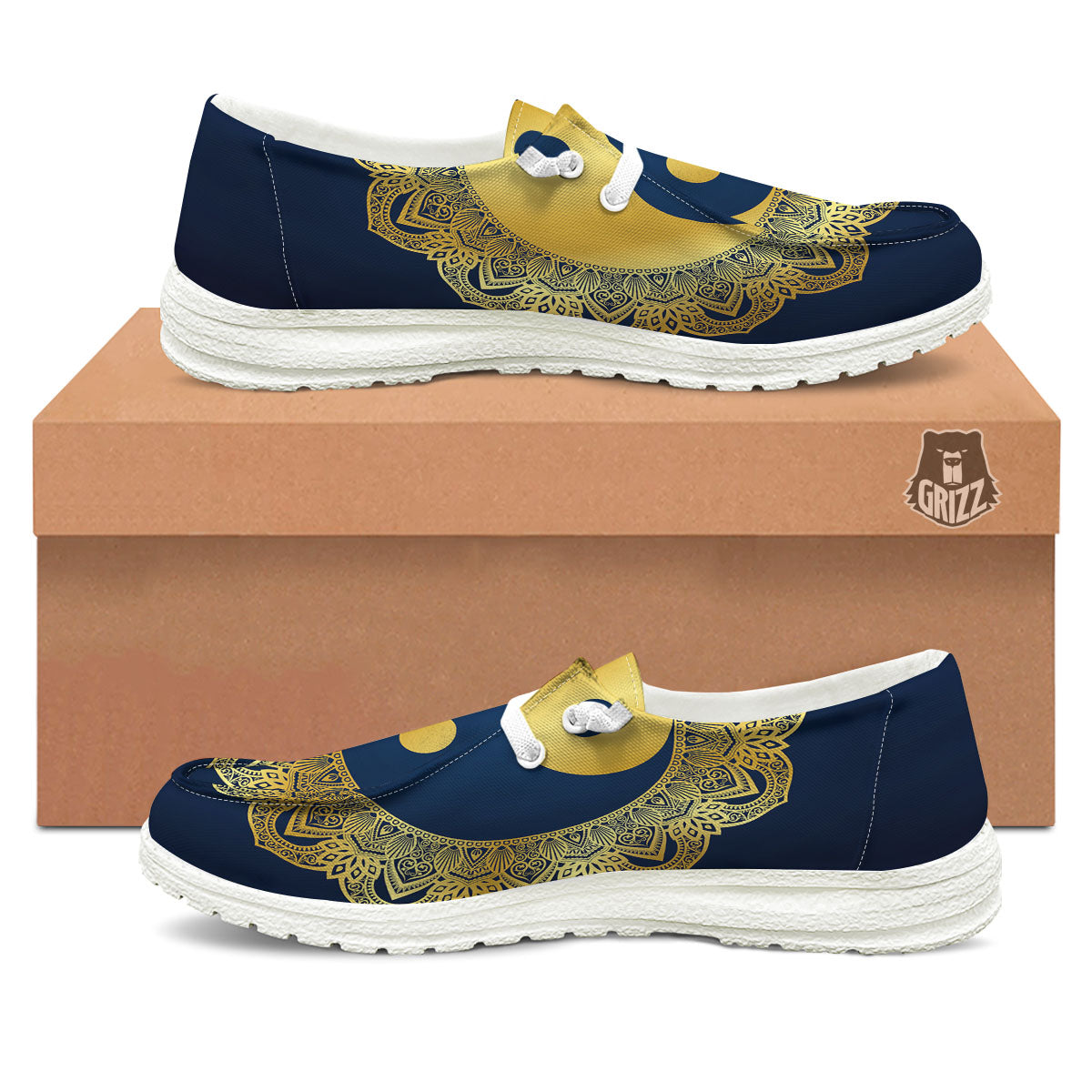 Yin Yang Gold Mandala Print White Loafers-grizzshop