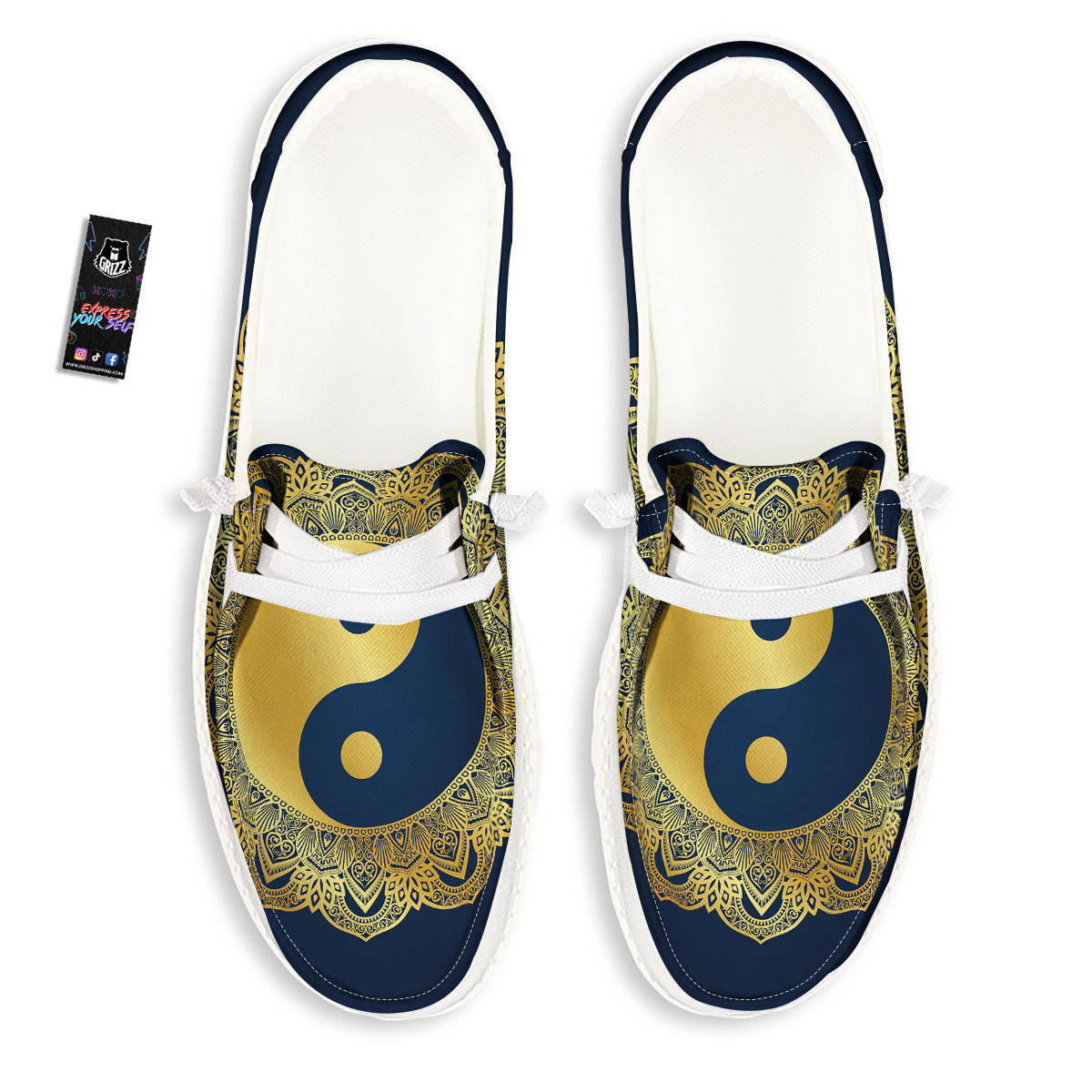 Yin Yang Gold Mandala Print White Loafers-grizzshop