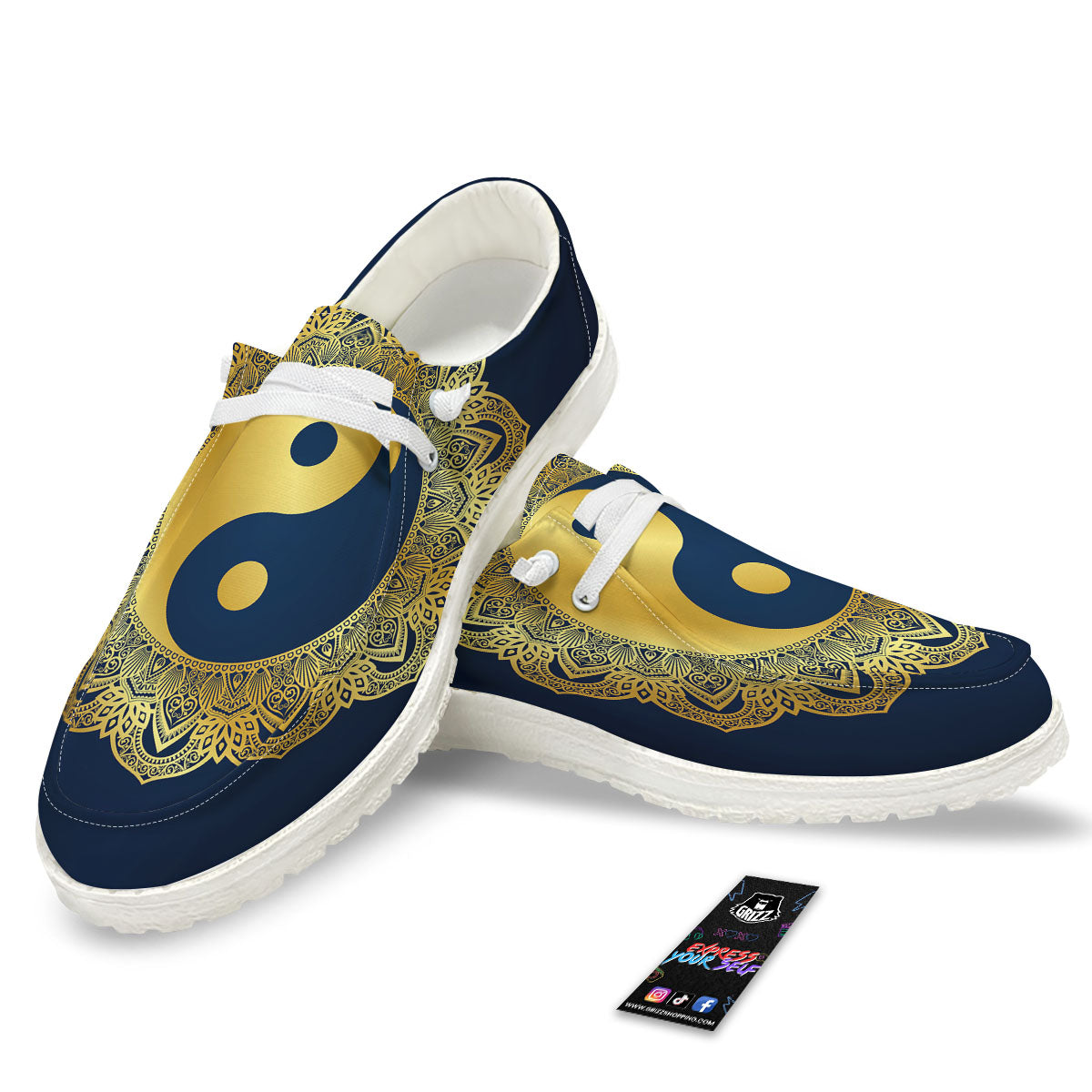 Yin Yang Gold Mandala Print White Loafers-grizzshop