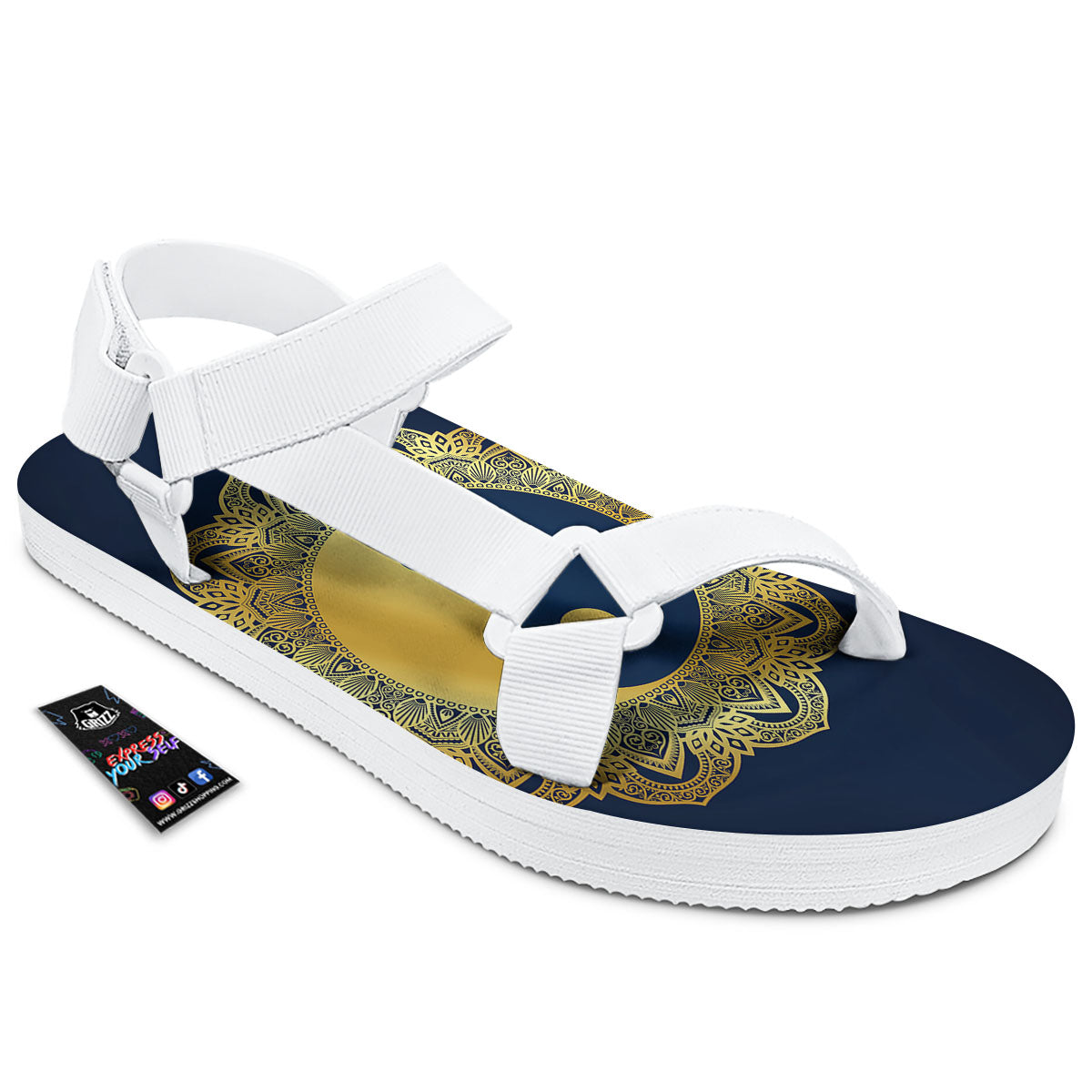 Yin Yang Gold Mandala Print White Open Toe Sandals-grizzshop