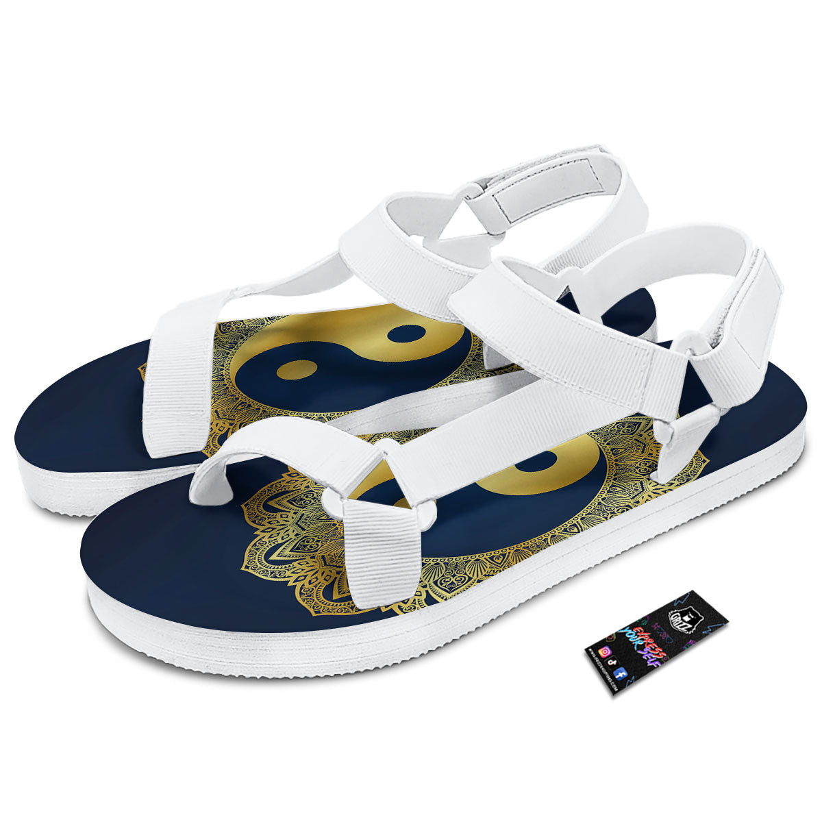 Yin Yang Gold Mandala Print White Open Toe Sandals-grizzshop