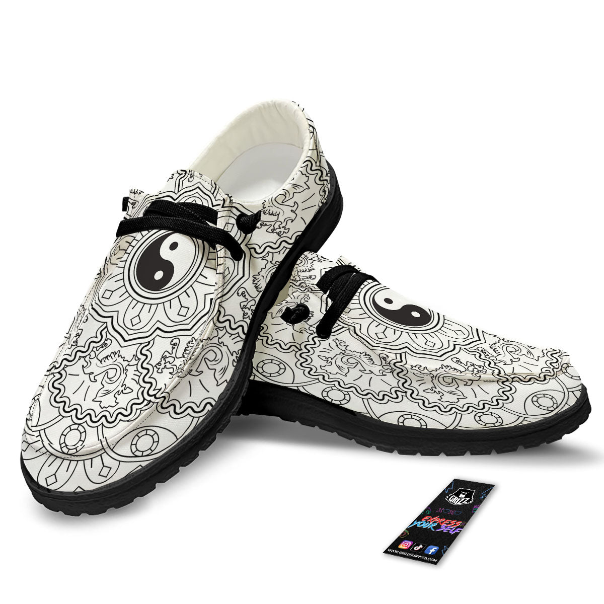 Yin Yang Mandala White And Black Print Black Loafers-grizzshop