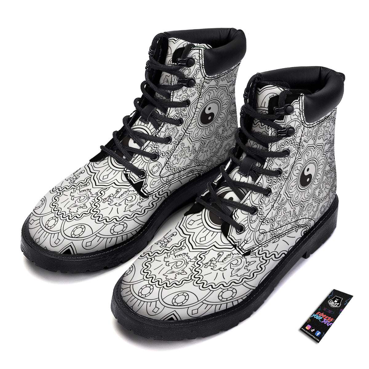 Yin Yang Mandala White And Black Print Boots-grizzshop