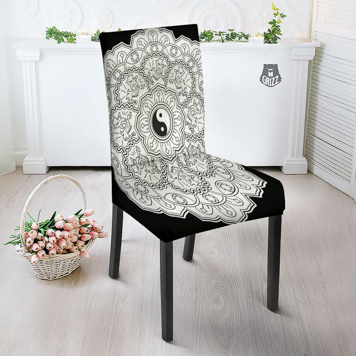 Yin Yang Mandala White And Black Print Dining Chair Slipcover-grizzshop