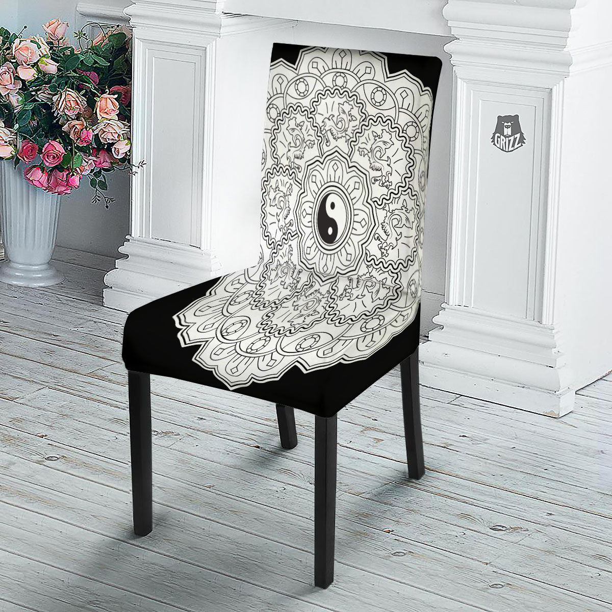 Yin Yang Mandala White And Black Print Dining Chair Slipcover-grizzshop