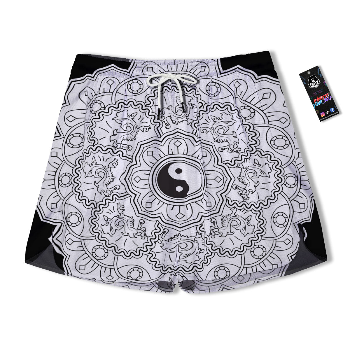 Yin Yang Mandala White And Black Print Men's Running Shorts-grizzshop