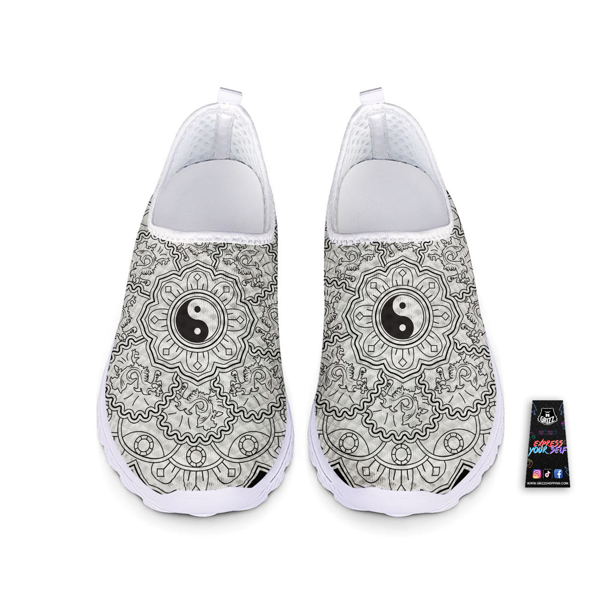 Yin Yang Mandala White And Black Print Nurse Shoes-grizzshop