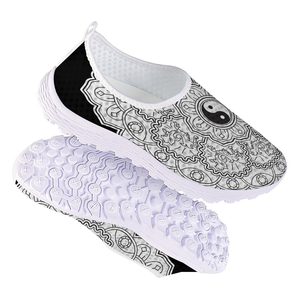 Yin Yang Mandala White And Black Print Nurse Shoes-grizzshop